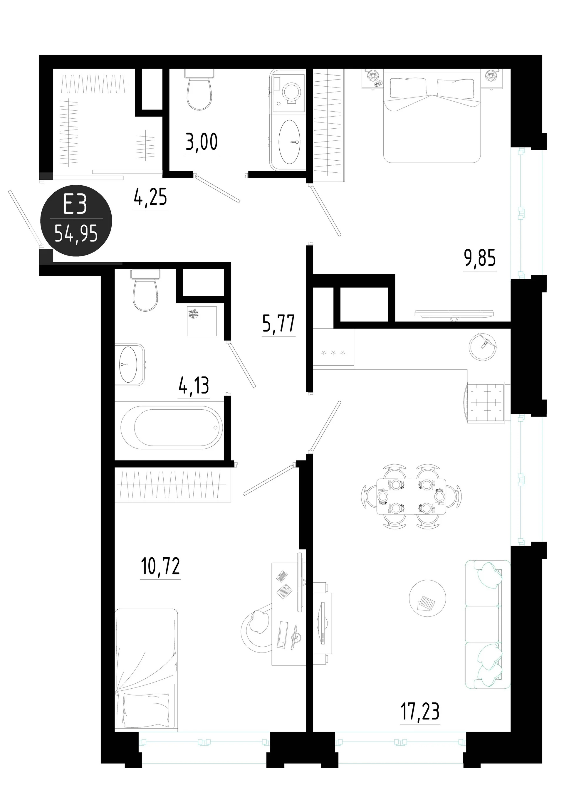 Планировка Квартира с двумя спальнями и гостиной 17 м² (Евро-3)