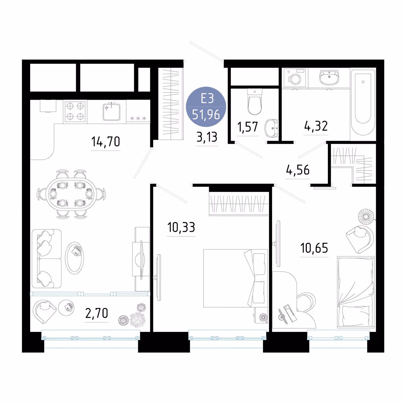 Планировка Квартира с двумя спальнями и гостиной 17 м² (Евро-3)