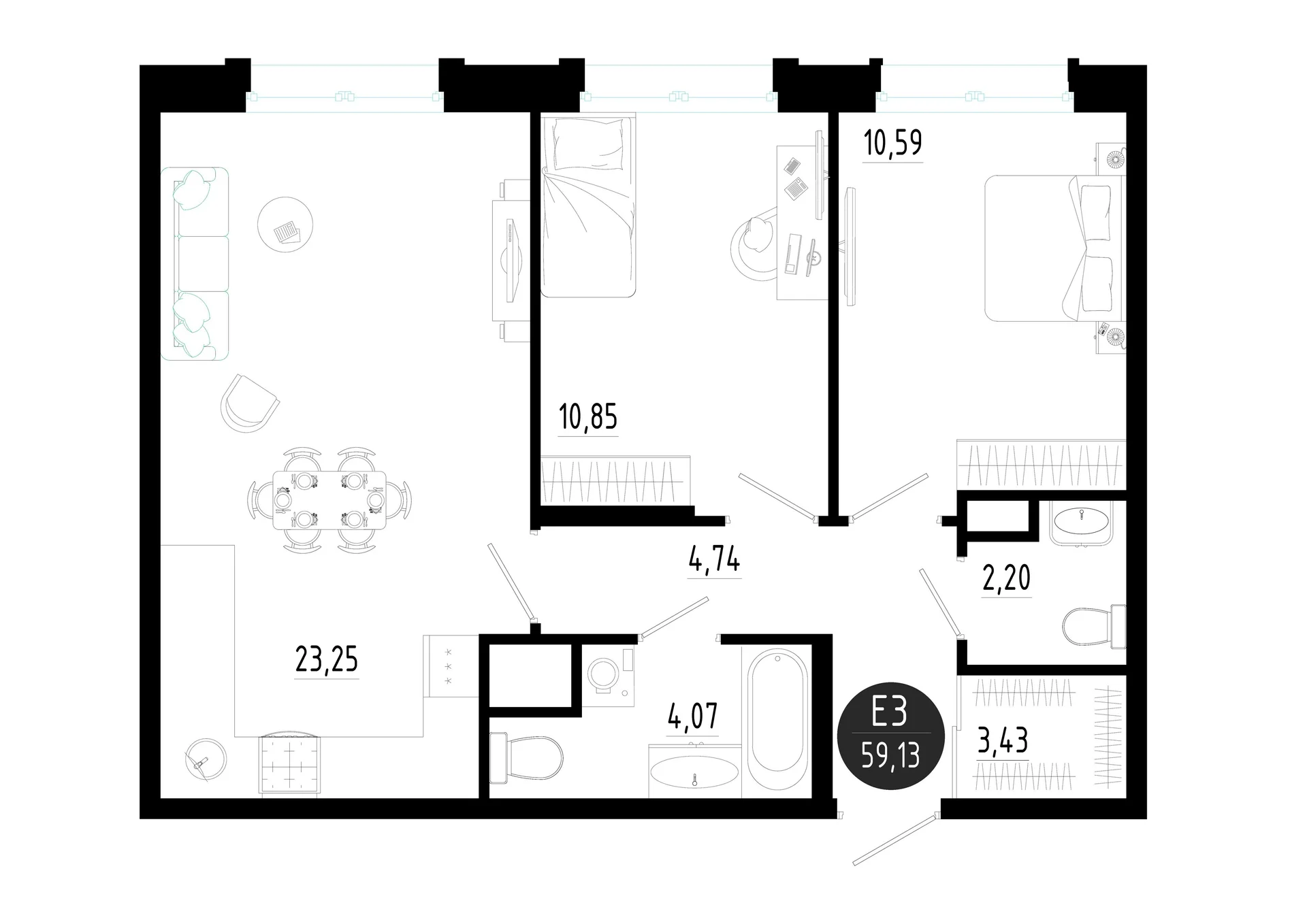Планировка Квартира с двумя спальнями и гостиной 23 м² (Евро-3)