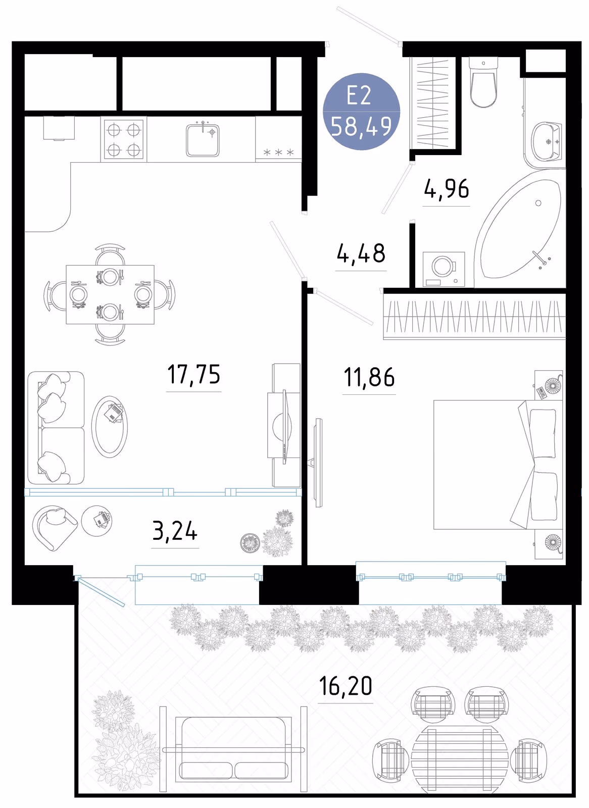 Планировка Квартира с одной спальней и гостиной 21 м² (Евро-2)