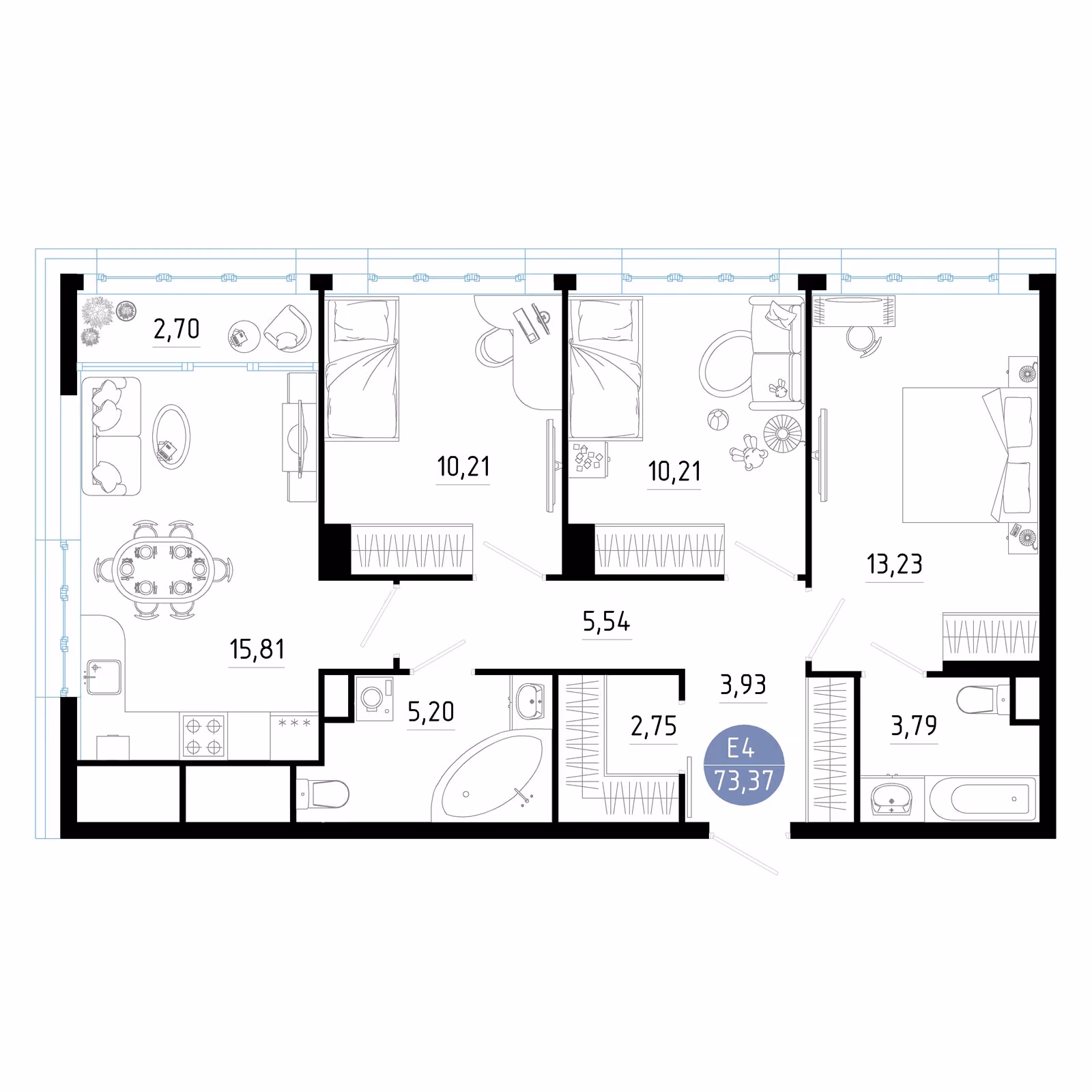 Планировка Квартира с тремя спальнями и гостиной 19 м² (Евро-4)