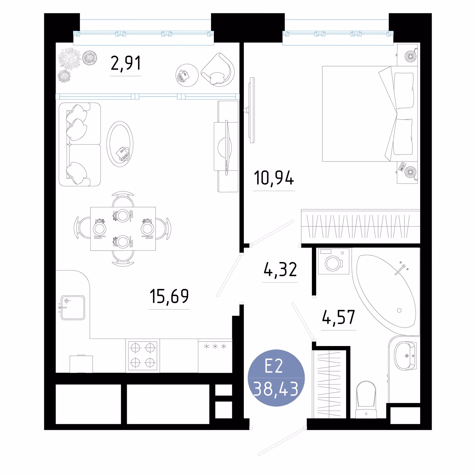 Планировка Квартира с одной спальней и гостиной 19 м² (Евро-2)