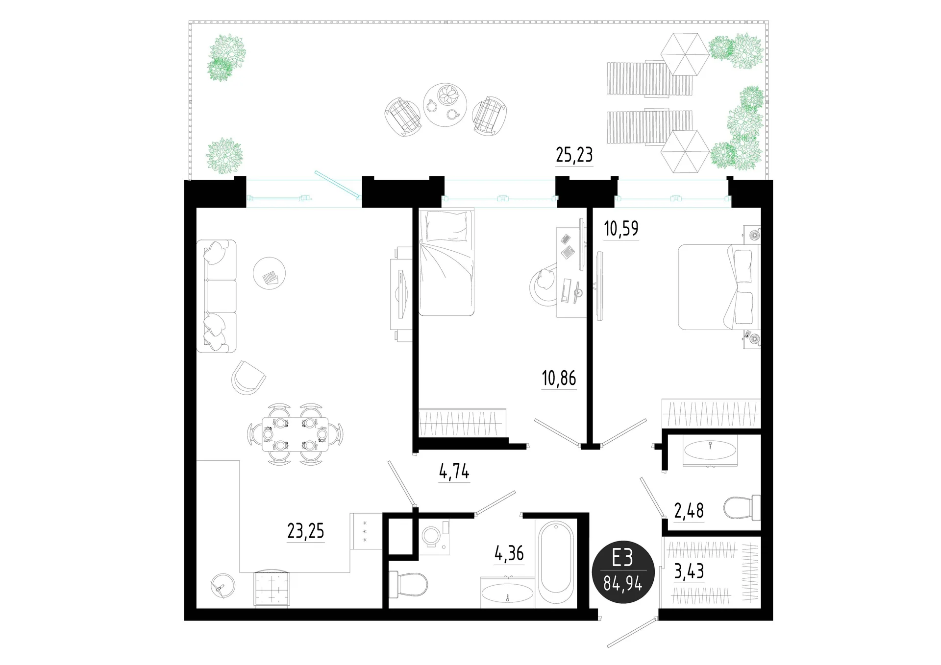 Планировка Квартира с двумя спальнями и гостиной 23 м² (Евро-3)