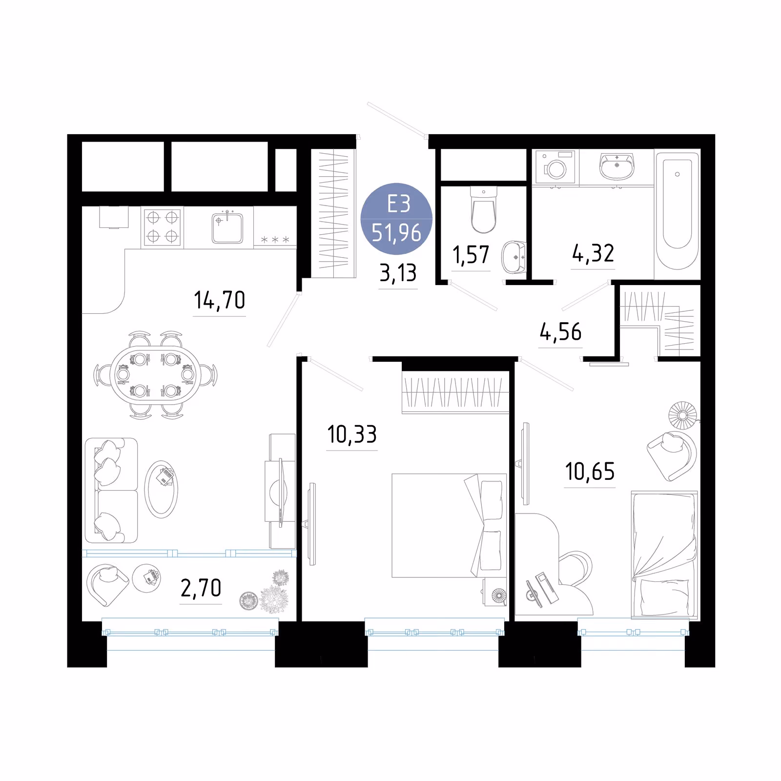 Планировка Квартира с двумя спальнями и гостиной 17 м² (Евро-3)