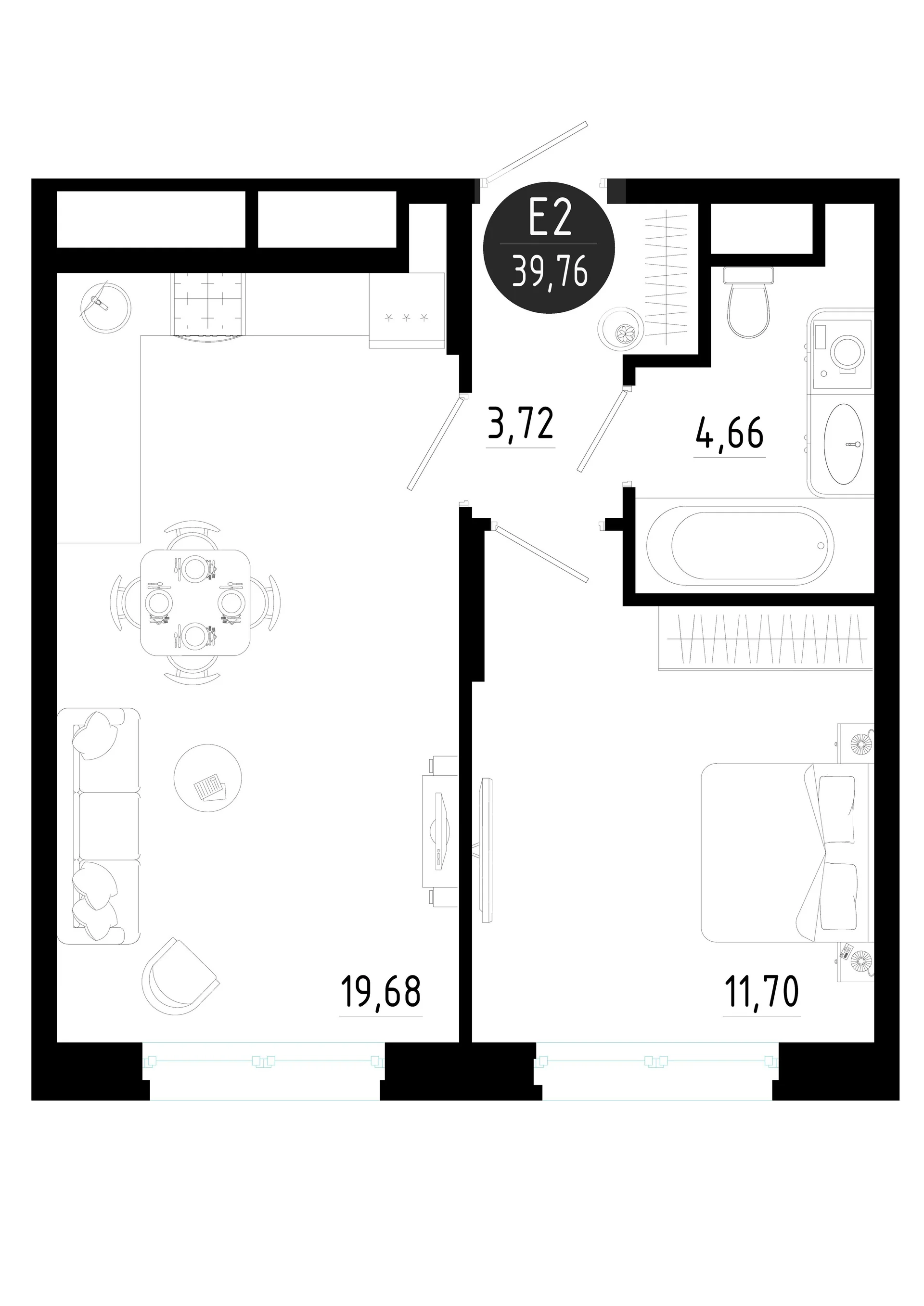 Планировка Квартира с одной спальней и гостиной 20 м² (Евро-2)